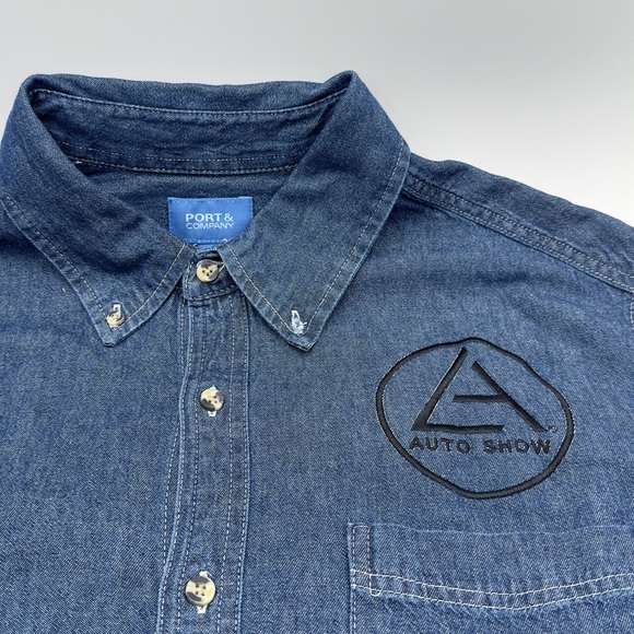 LA Autoshow Port and Company Denim Shirt Mens Large Blue Long Sleeve Button Down - Picture 4 of 9